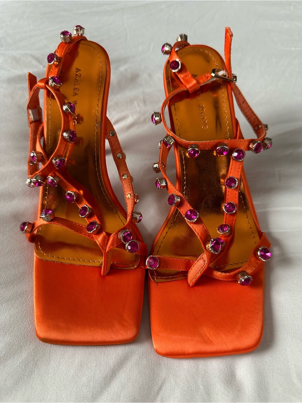 Orange Satin Strappy High Heels - Picture 3 of 7